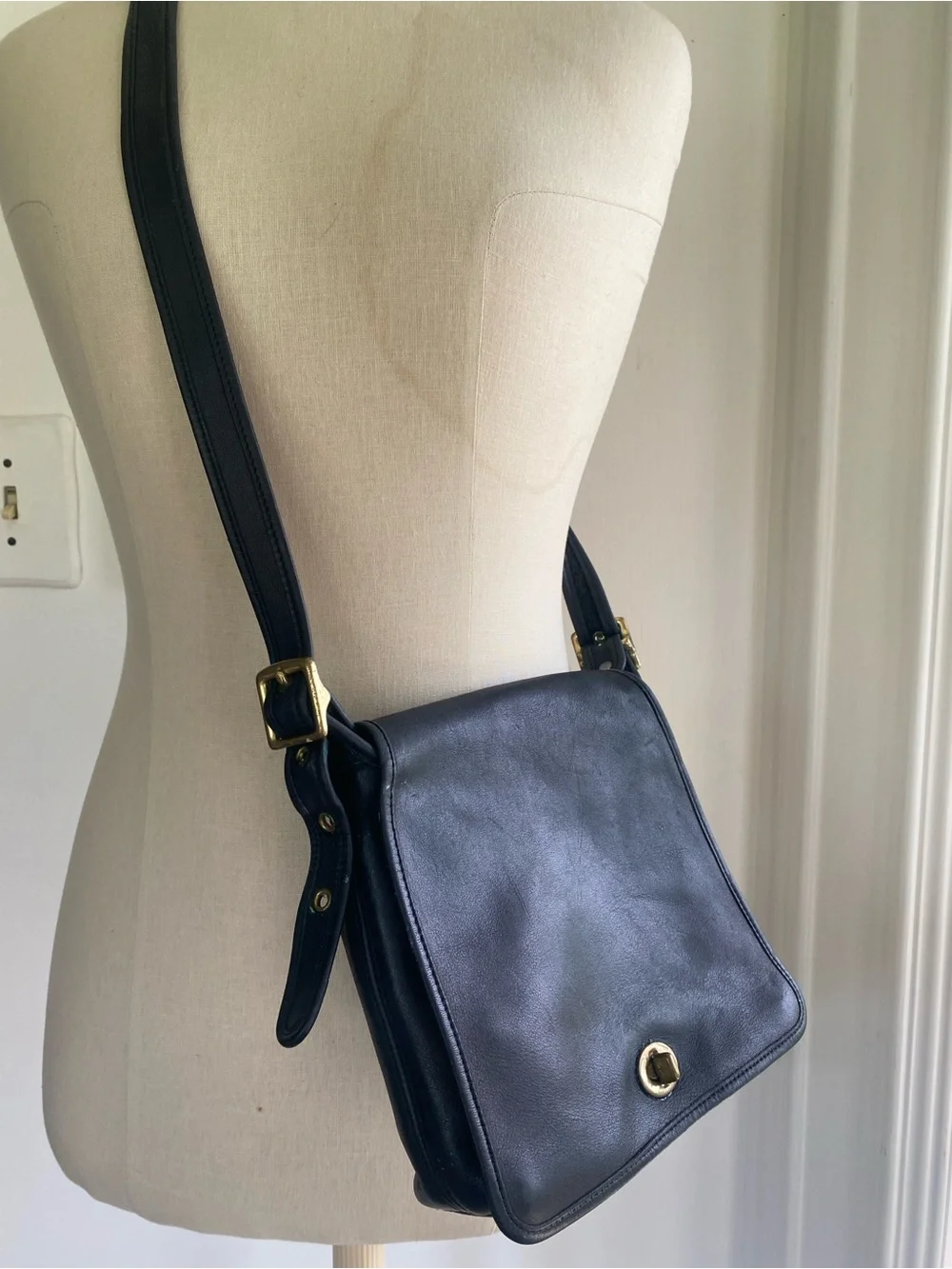 Coach Legacy Black Leather Messenger Bag 9715 with Brass-Tone Turn Lock